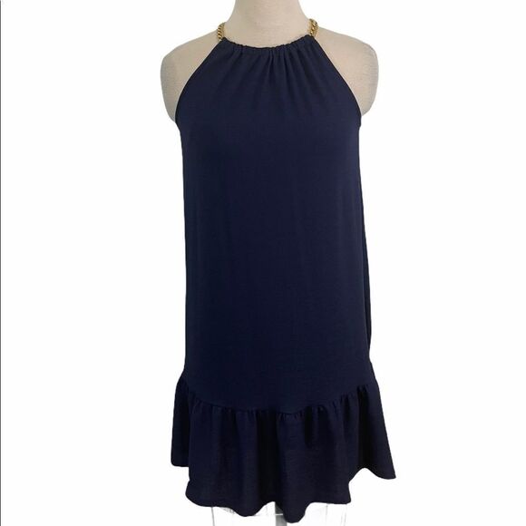 Michael Kors Navy Pucker Chain Halter Dress Small NWT - Picture 3 of 7
